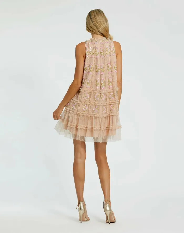 Daytime Dresses Women Sleeveless High Neck Beaded Ruffle Detail Dress Nude Multi Mac Duggal