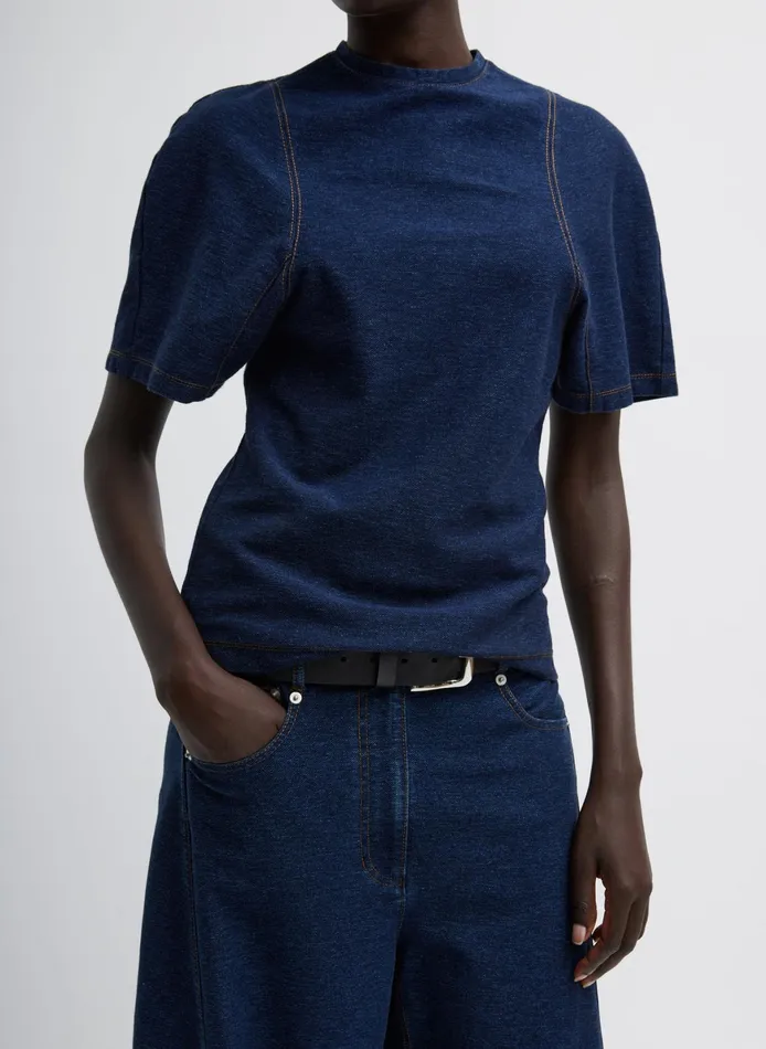 Denim Women Tibi Indigo Barre Denim Knit Sculpted Shrunken TShirt