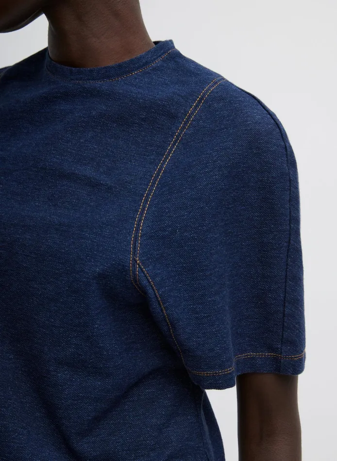 Denim Women Tibi Indigo Barre Denim Knit Sculpted Shrunken TShirt