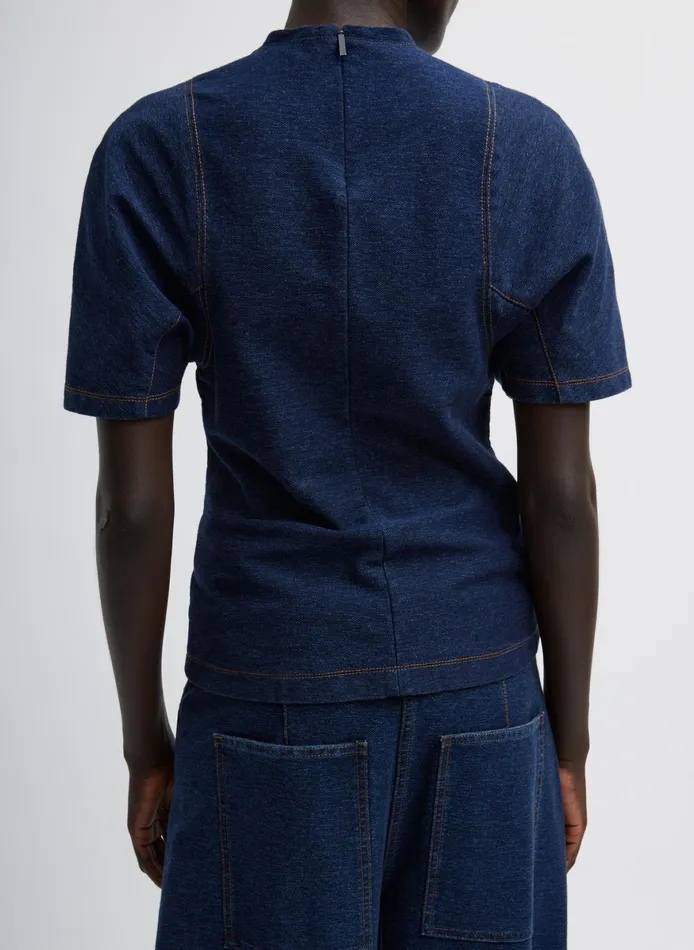 Denim Women Tibi Indigo Barre Denim Knit Sculpted Shrunken TShirt