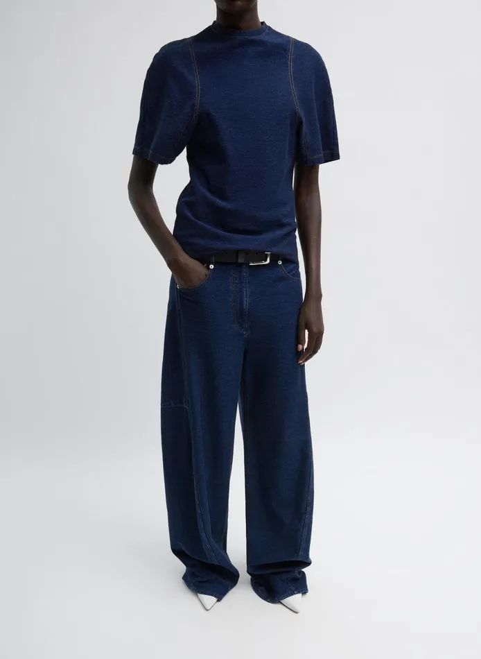 Denim Women Tibi Indigo Barre Denim Knit Sculpted Shrunken TShirt