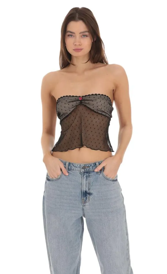 Dotted Strapless Babydoll Top Black Women LUCY IN THE SKY Tops