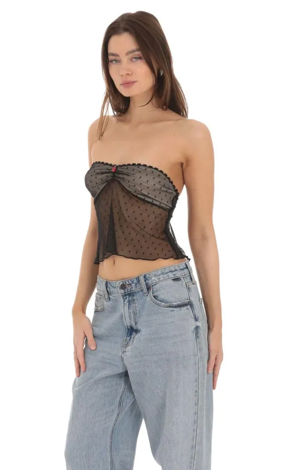 Dotted Strapless Babydoll Top Black Women LUCY IN THE SKY Tops