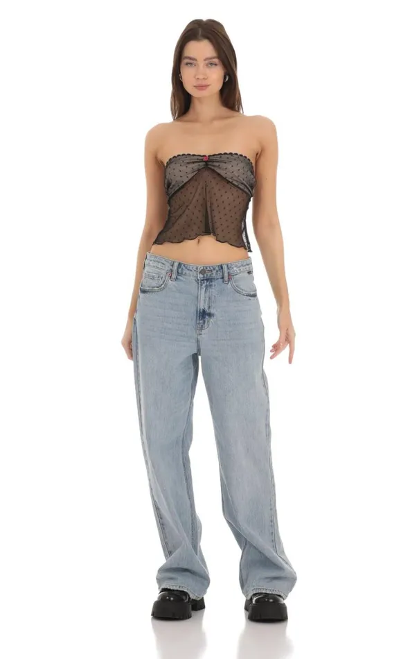 Dotted Strapless Babydoll Top Black Women LUCY IN THE SKY Tops