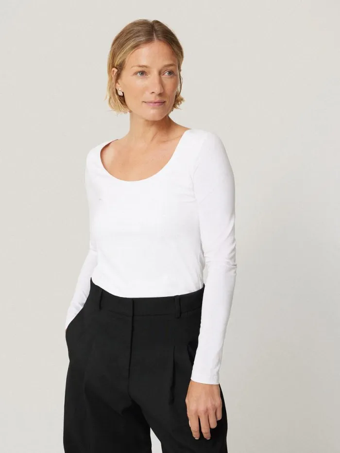Double Front Ballet Neck Top White Women Jigsaw Shirts and Tops