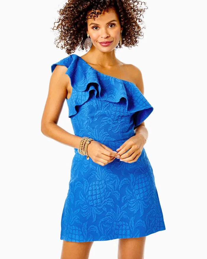 Dresses Women Lilly Pulitzer Kipton OneShoulder Romper Blue Tang Pineapple Pucker Jacquard Dresses Women Lilly Pulitzer Kipton OneShoulder Romper Blue Tang Pineapple Pucker Jacquard