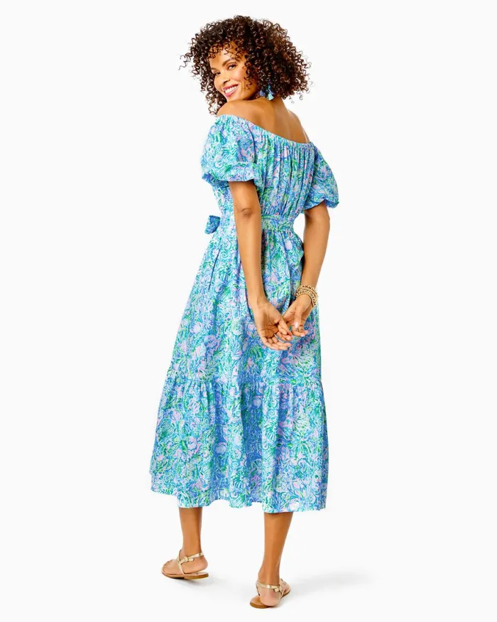 Dresses Women Lilly Pulitzer Tamie OfftheShoulder Midi Dress Surf Blue Soleil It On Me