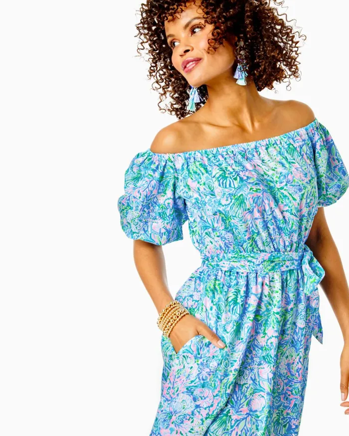 Dresses Women Lilly Pulitzer Tamie OfftheShoulder Midi Dress Surf Blue Soleil It On Me Dresses Women Lilly Pulitzer Tamie OfftheShoulder Midi Dress Surf Blue Soleil It On Me