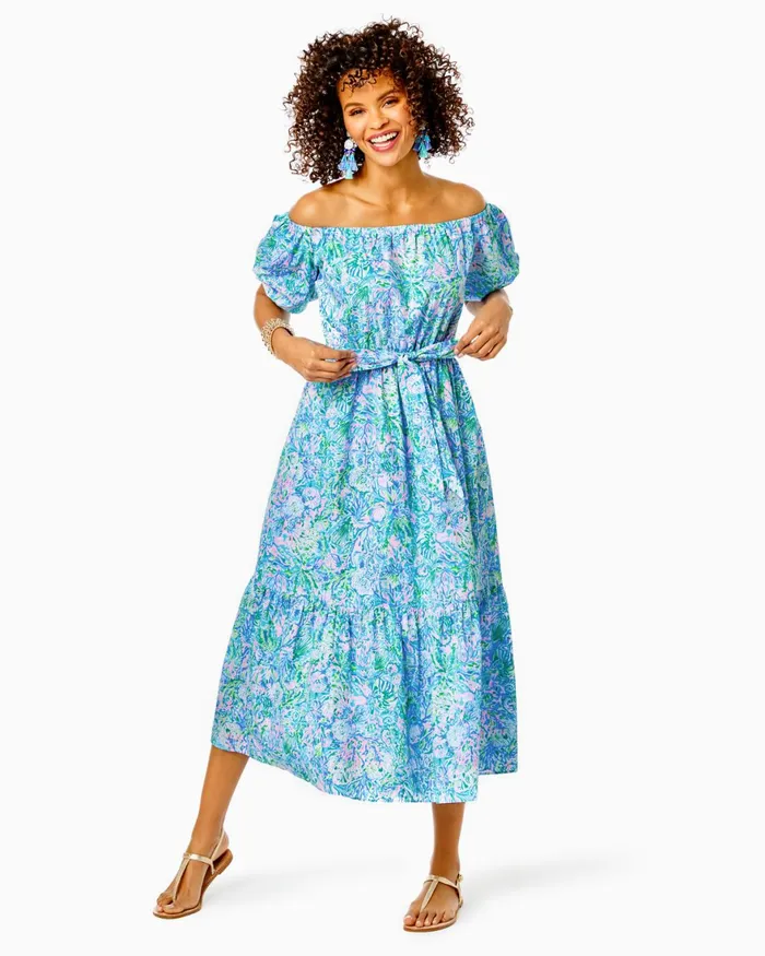 Dresses Women Lilly Pulitzer Tamie OfftheShoulder Midi Dress Surf Blue Soleil It On Me Dresses Women Lilly Pulitzer Tamie OfftheShoulder Midi Dress Surf Blue Soleil It On Me