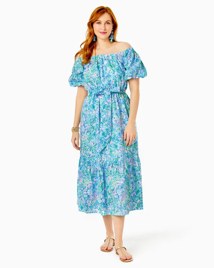 Dresses Women Lilly Pulitzer Tamie OfftheShoulder Midi Dress Surf Blue Soleil It On Me Dresses Women Lilly Pulitzer Tamie OfftheShoulder Midi Dress Surf Blue Soleil It On Me