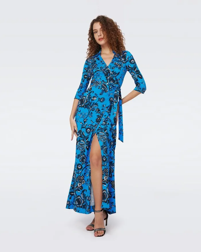DVF Dresses Women Abigail Silk Jersey Maxi Wrap Dress Huge Night Vine Blue