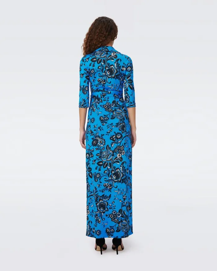DVF Dresses Women Abigail Silk Jersey Maxi Wrap Dress Huge Night Vine Blue
