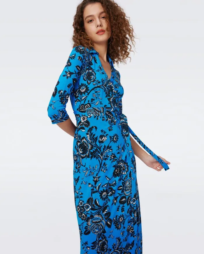 DVF Dresses Women Abigail Silk Jersey Maxi Wrap Dress Huge Night Vine Blue