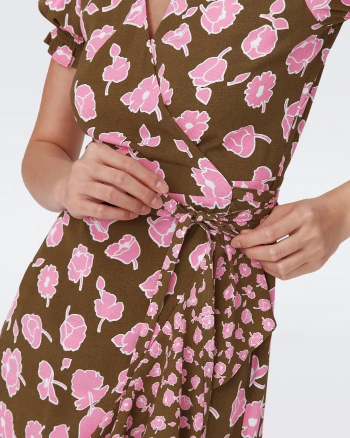 DVF Dresses Women Emilia Dress Huge And Tiny Rose Showers Khaki