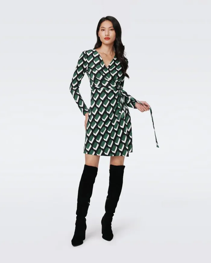DVF Dresses Women Jazmine Silk Jersey Wrap Dress Huge Blocks Green