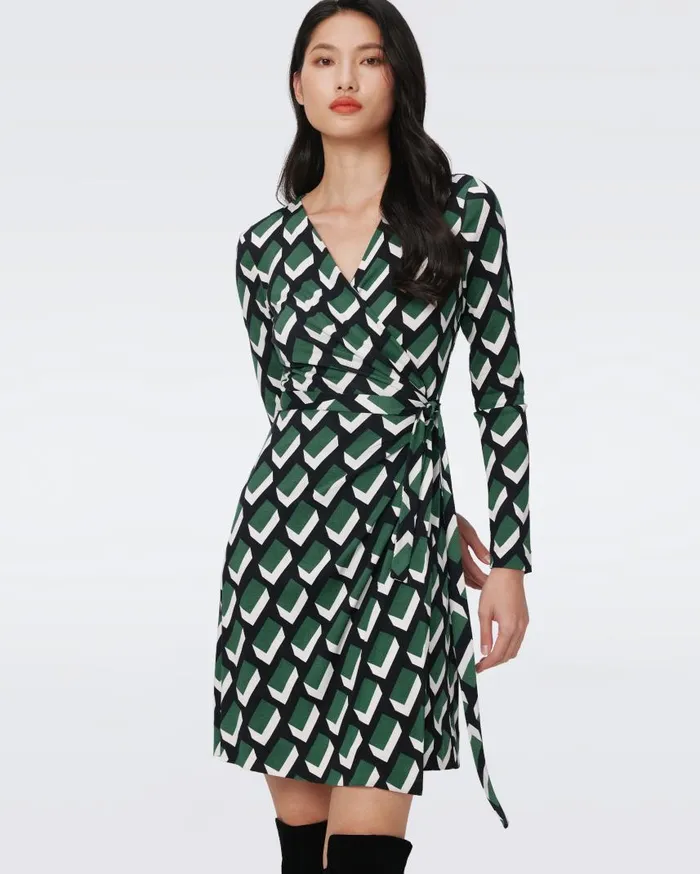DVF Dresses Women Jazmine Silk Jersey Wrap Dress Huge Blocks Green