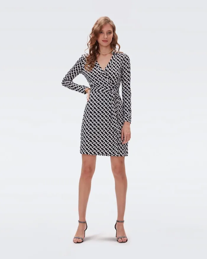 DVF Dresses Women Jeanne Silk Jersey Wrap Dress Chain Link Medium Black