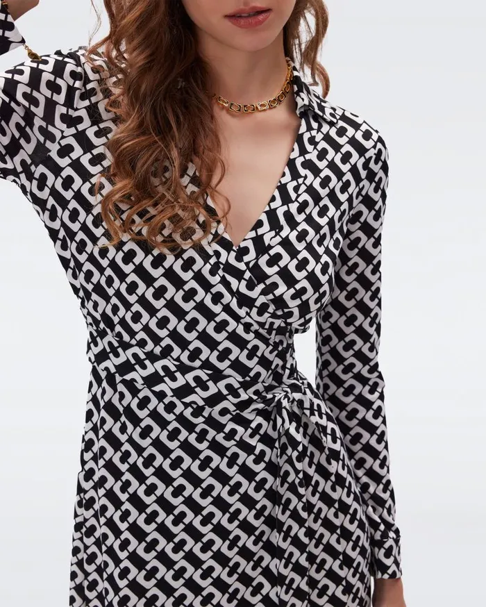 DVF Dresses Women Jeanne Silk Jersey Wrap Dress Chain Link Medium Black