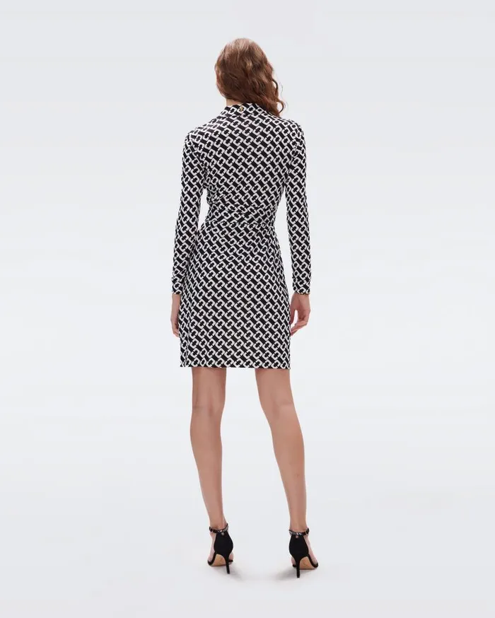 DVF Dresses Women Jeanne Silk Jersey Wrap Dress Chain Link Medium Black