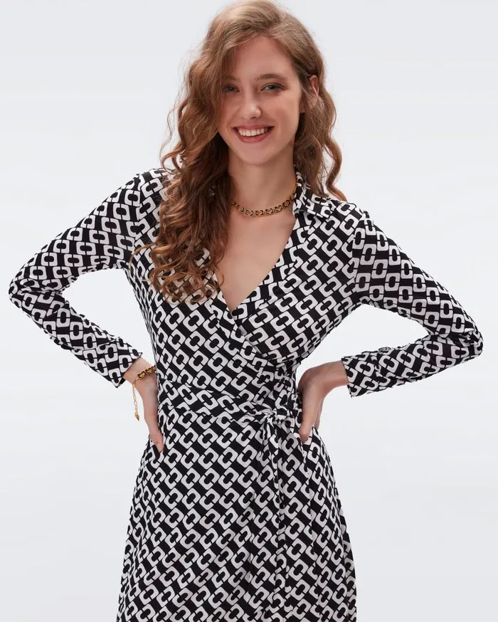 DVF Dresses Women Jeanne Silk Jersey Wrap Dress Chain Link Medium Black