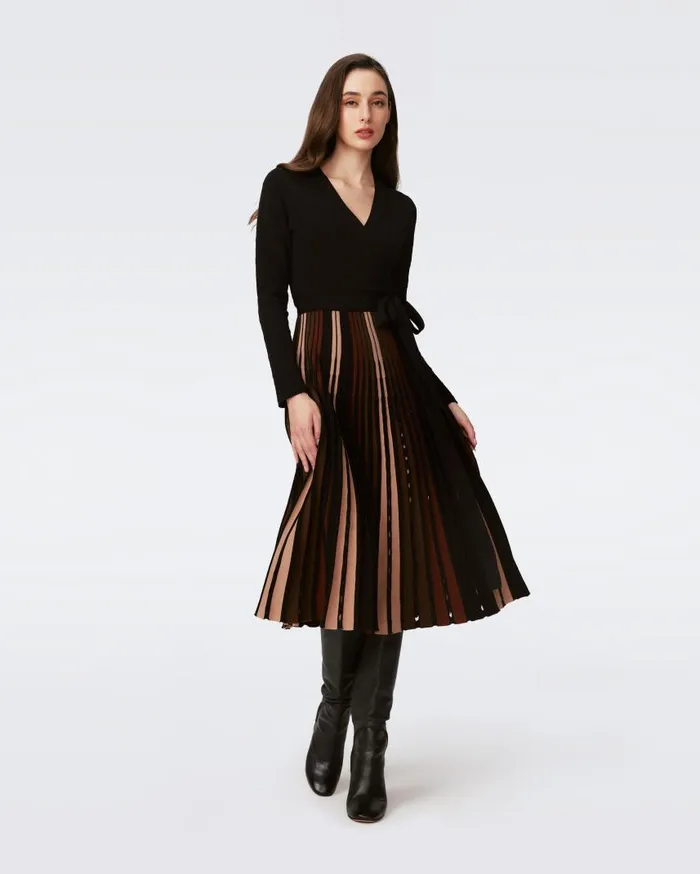 DVF Dresses Women Ollie Knit Wrap Dress Knitsun Pleats Camel And Brown And Black