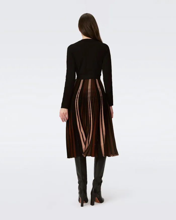DVF Dresses Women Ollie Knit Wrap Dress Knitsun Pleats Camel And Brown And Black