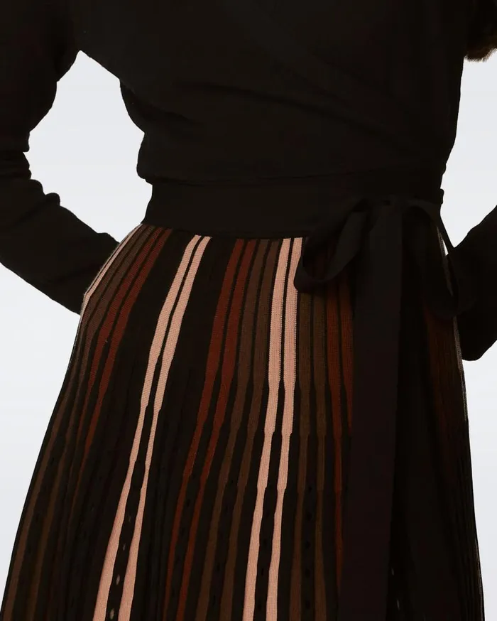 DVF Dresses Women Ollie Knit Wrap Dress Knitsun Pleats Camel And Brown And Black