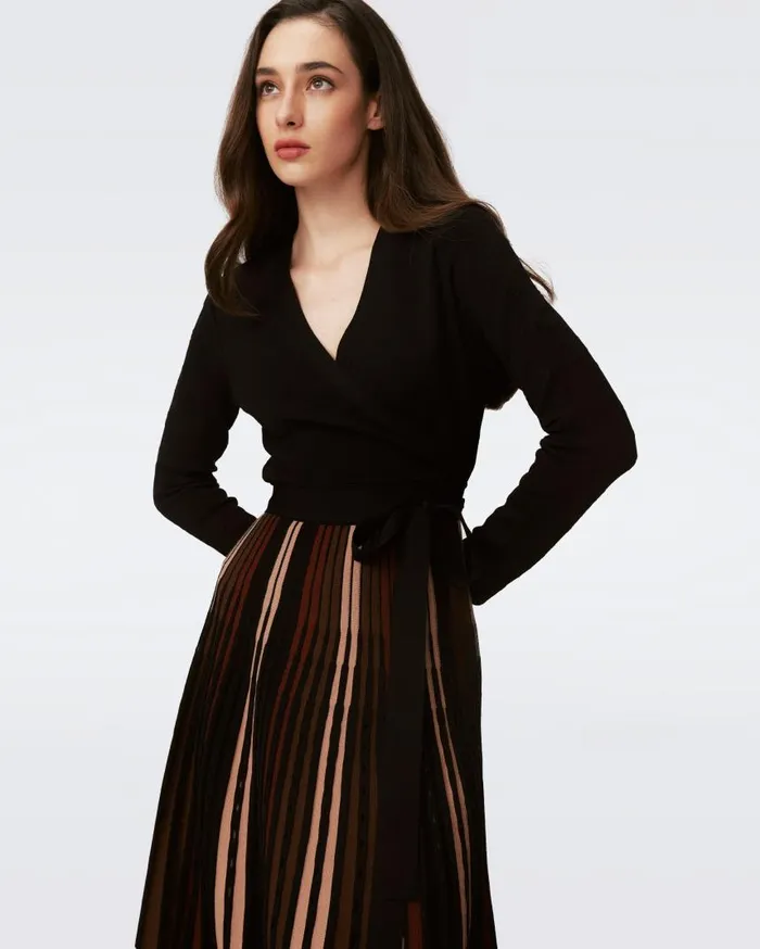 DVF Dresses Women Ollie Knit Wrap Dress Knitsun Pleats Camel And Brown And Black