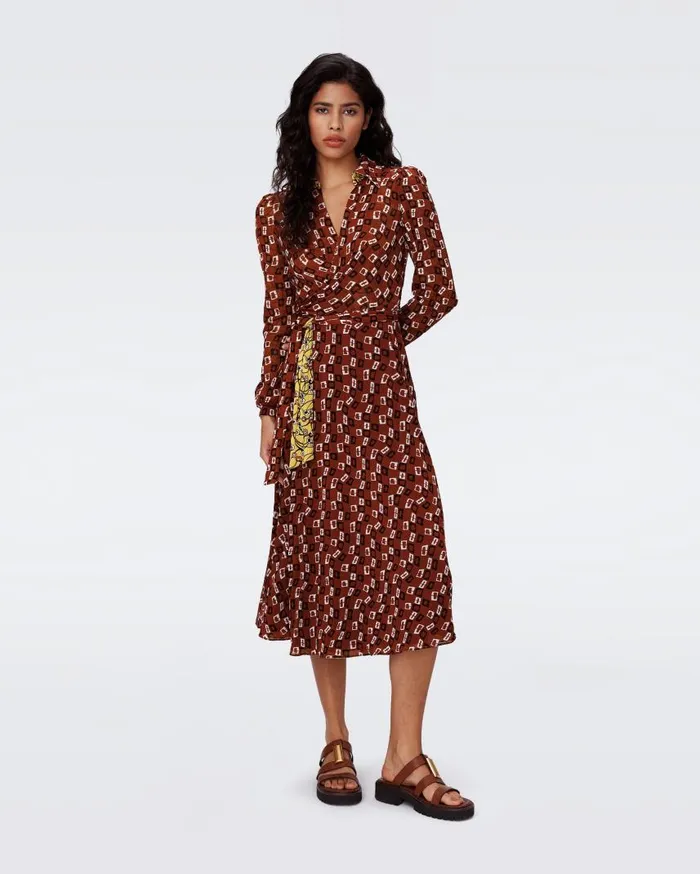 DVF Dresses Women Phoenix Reversible Mesh Wrap Dress Olive Swirl Yellow And Tiny Chain Spots Brown