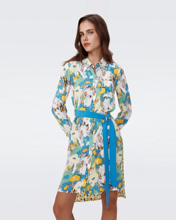 DVF Dresses Women Prita Shirt Dress Huge Day Dream Floral Blue And Maypole Yellow