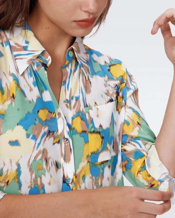DVF Dresses Women Prita Shirt Dress Huge Day Dream Floral Blue And Maypole Yellow