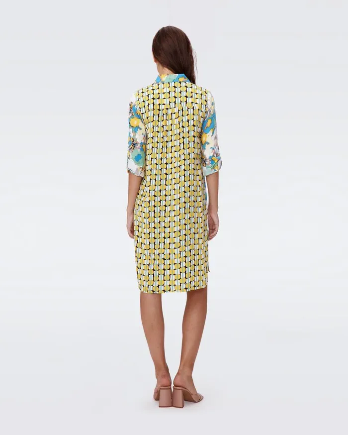 DVF Dresses Women Prita Shirt Dress Huge Day Dream Floral Blue And Maypole Yellow