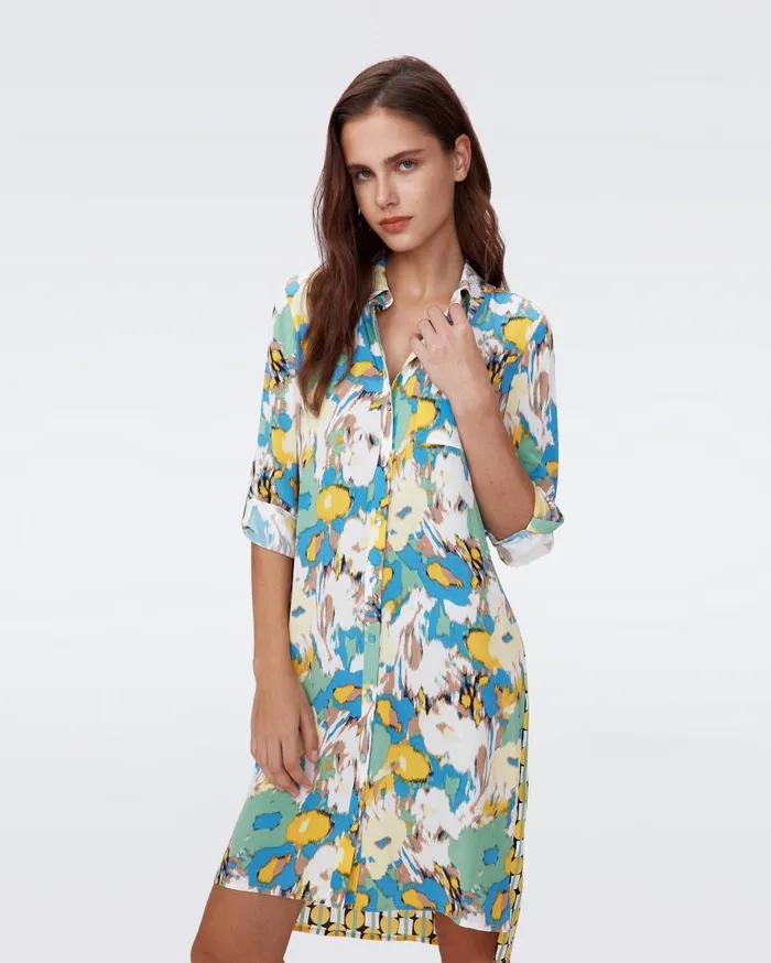 DVF Dresses Women Prita Shirt Dress Huge Day Dream Floral Blue And Maypole Yellow