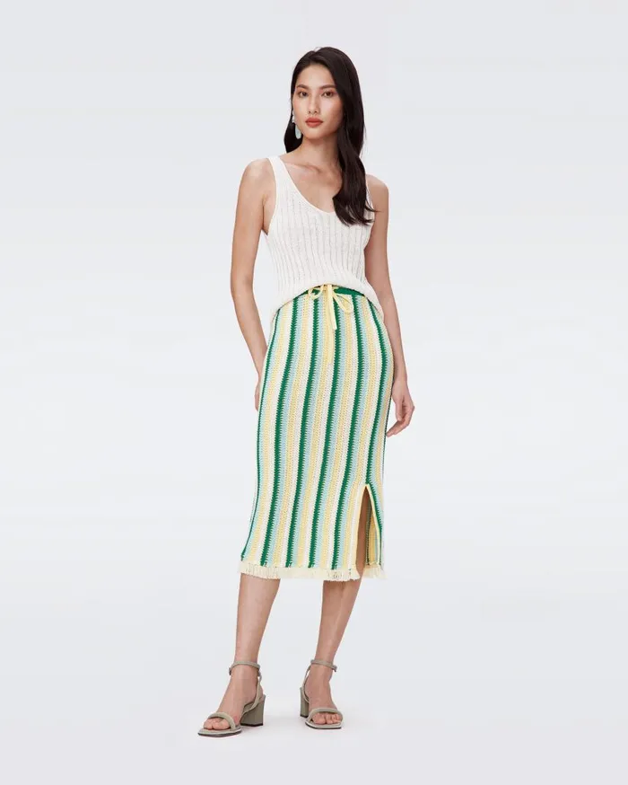 DVF Skirts Women Paulina Crochet Skirt Summer Stripe Yellow