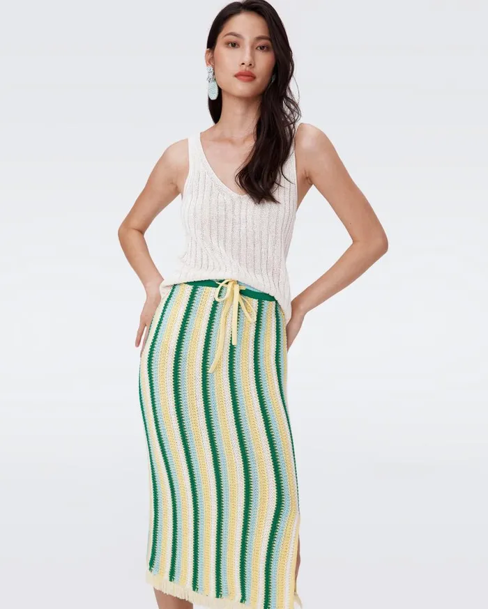 DVF Skirts Women Paulina Crochet Skirt Summer Stripe Yellow