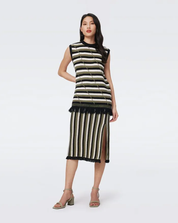 DVF Skirts Women Paulina Skirt Summer Stripe Olive Green