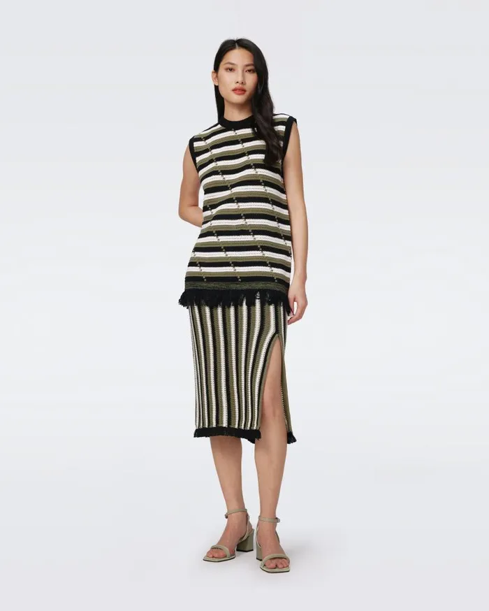 DVF Skirts Women Paulina Skirt Summer Stripe Olive Green