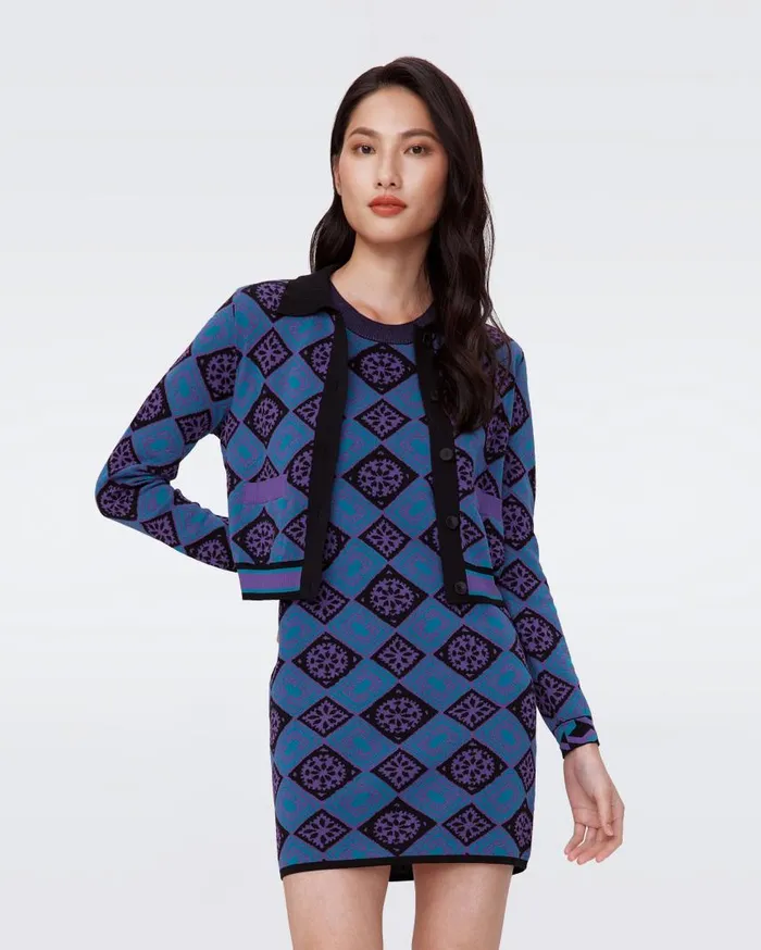 DVF Sweaters and Knits Women Petey Knit Jacquard Cardigan Paper Cut Geo Blue