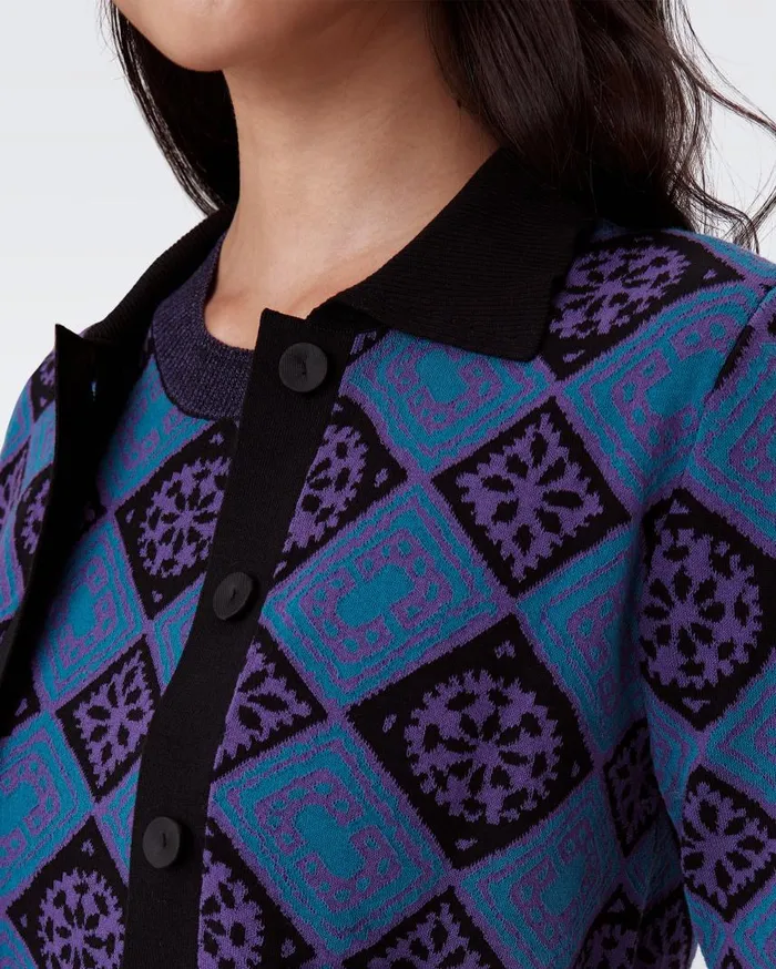 DVF Sweaters and Knits Women Petey Knit Jacquard Cardigan Paper Cut Geo Blue