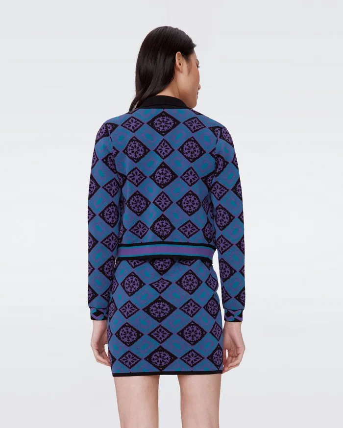 DVF Sweaters and Knits Women Petey Knit Jacquard Cardigan Paper Cut Geo Blue