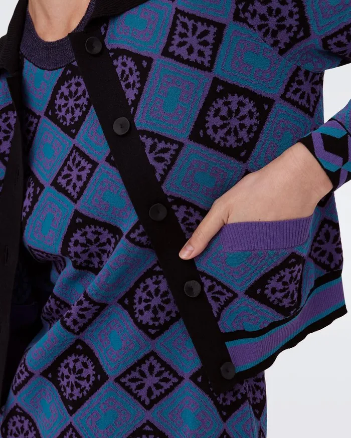 DVF Sweaters and Knits Women Petey Knit Jacquard Cardigan Paper Cut Geo Blue