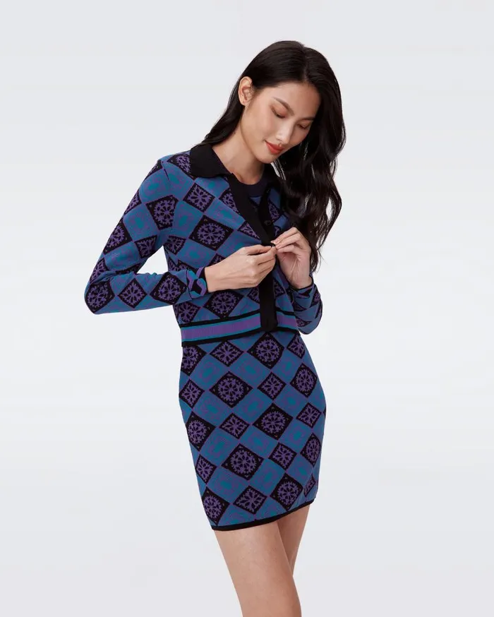 DVF Sweaters and Knits Women Petey Knit Jacquard Cardigan Paper Cut Geo Blue