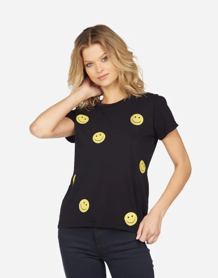 Edda All Over Yellow Smiley Black Women Lauren Moshi Short Sleeve