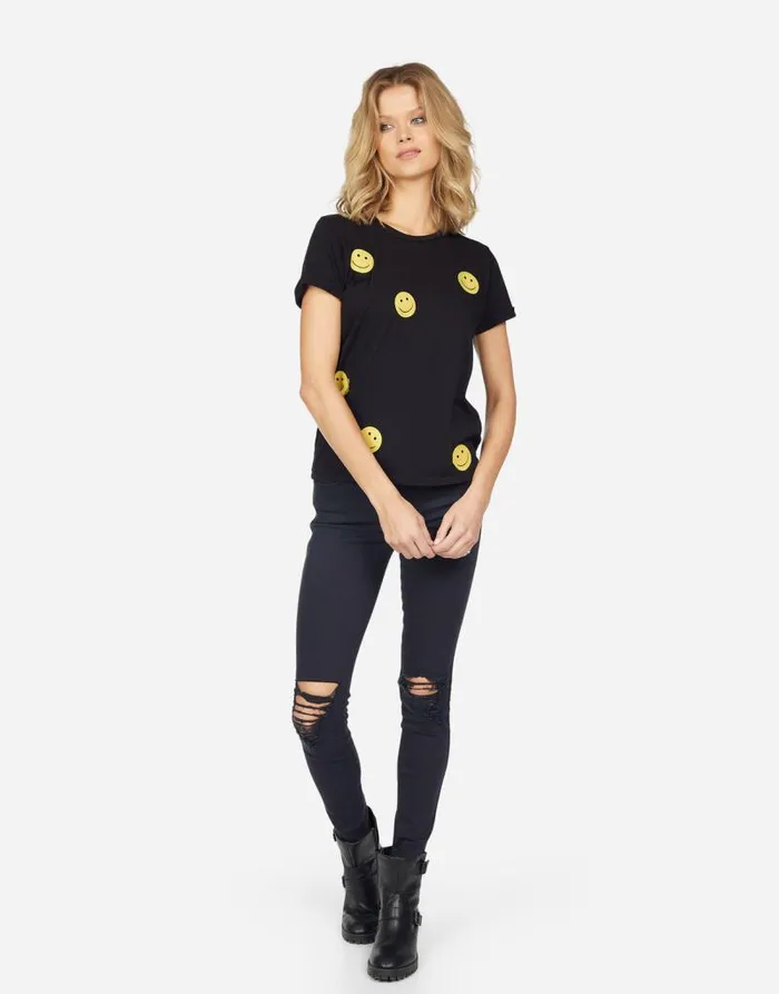 Edda All Over Yellow Smiley Black Women Lauren Moshi Short Sleeve