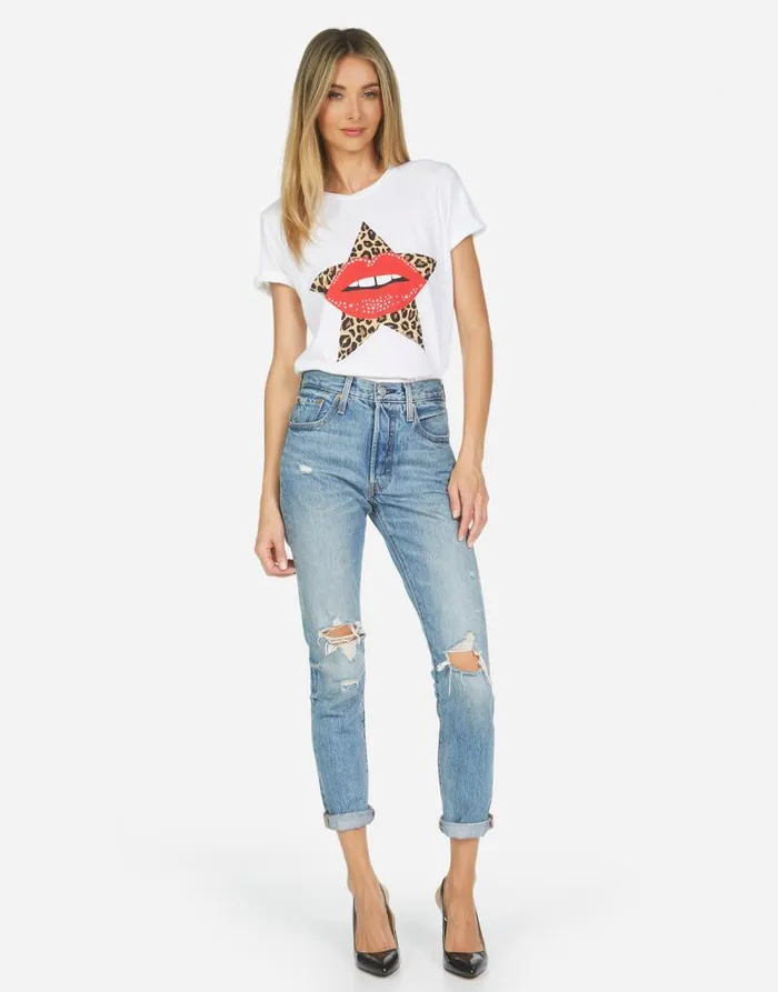 Edda Leopard Star Lip White Women Lauren Moshi Short Sleeve