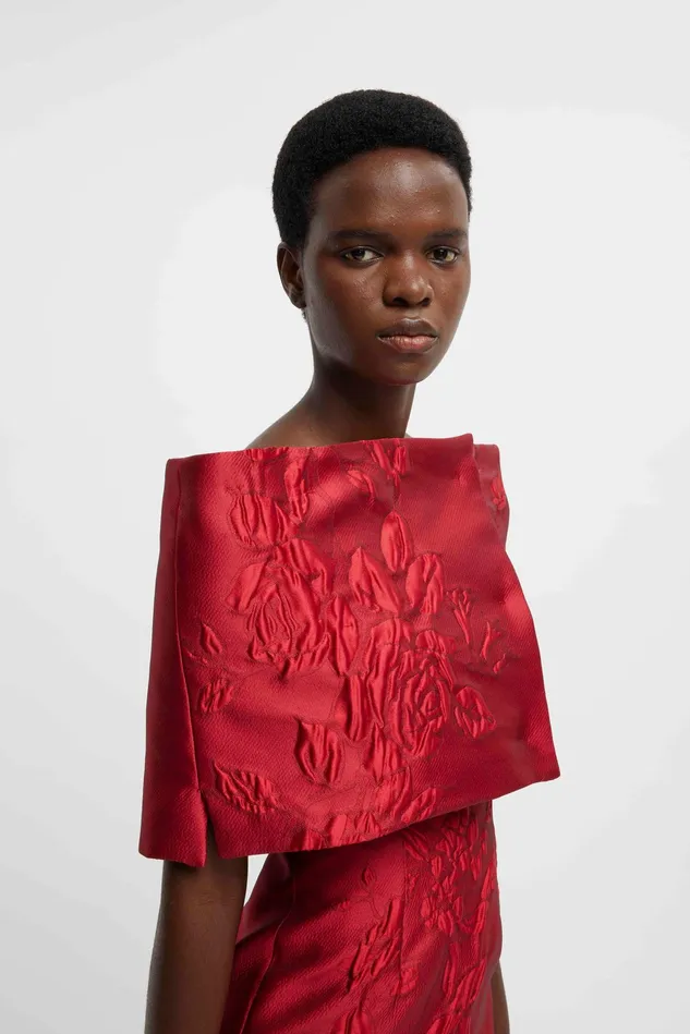 Emilia Wickstead Bibiana Shawl In Red Graphic Rose Jacquard Women Jackets And Coats