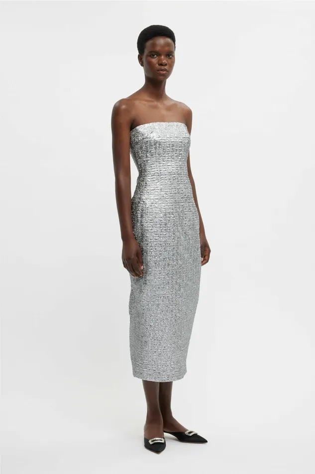 Emilia Wickstead Leila Dress In Silver Metallic Seersucker Women Dresses