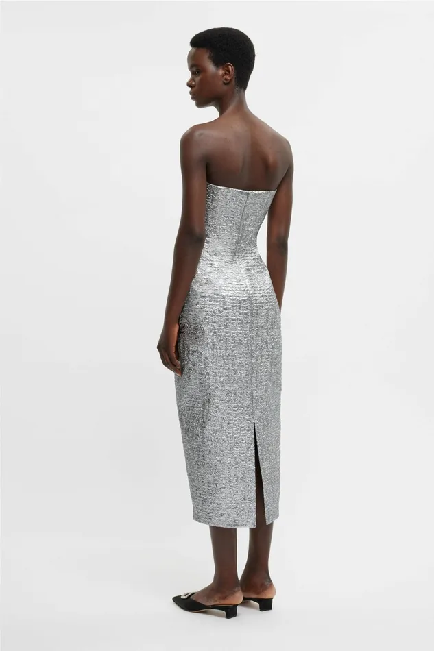 Emilia Wickstead Leila Dress In Silver Metallic Seersucker Women Dresses