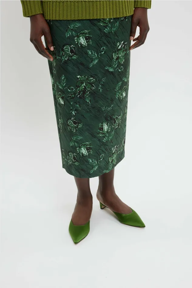 Emilia Wickstead Lorelei Skirt In Green Roses On Marble Print Taffeta Faille Women Skirts Emilia Wickstead Lorelei Skirt In Green Roses On Marble Print Taffeta Faille Women Skirts