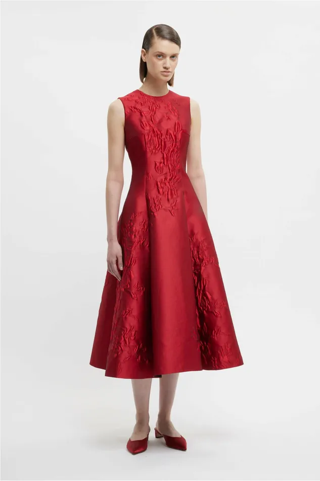 Emilia Wickstead Mara Dress In Red Graphic Rose Jacquard Women Dresses